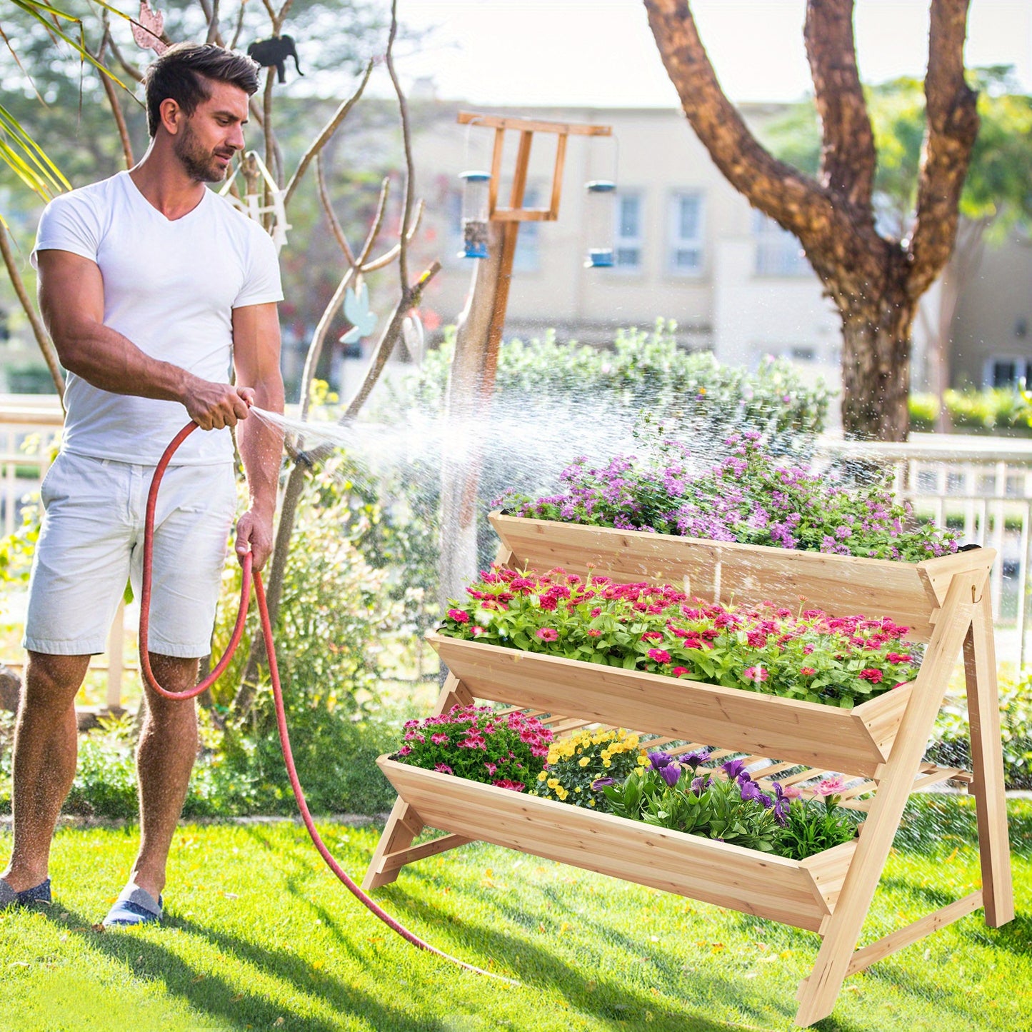 Multigot 3-tier Raised Garden Bed w\u002F2 Side Hooks Storage Shelf Garden Planter for Flowers, Garden Houses