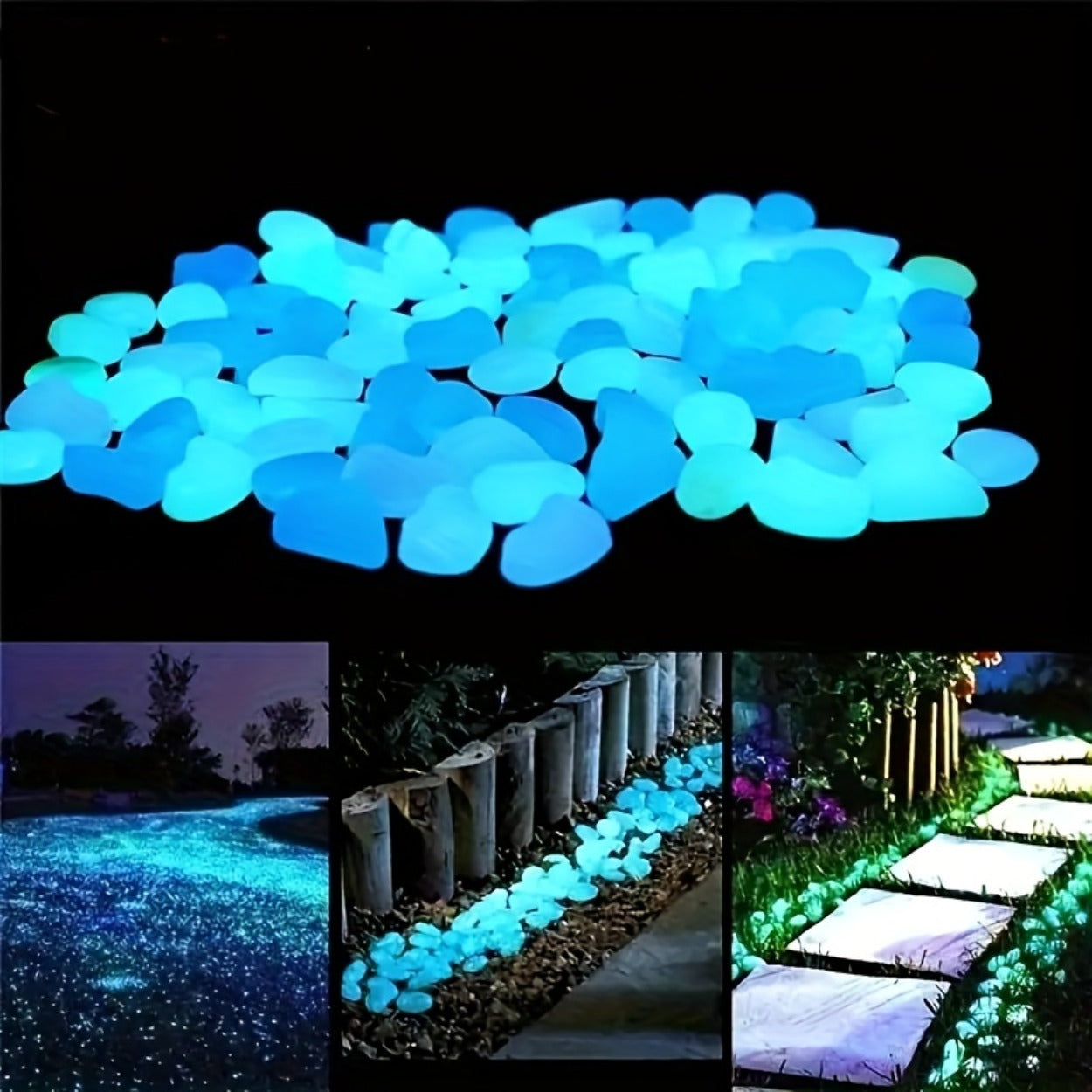 50 Extra Large Glow-in-the-Dark Pebbles - Daytime Light Absorption, Automatic Night Glow