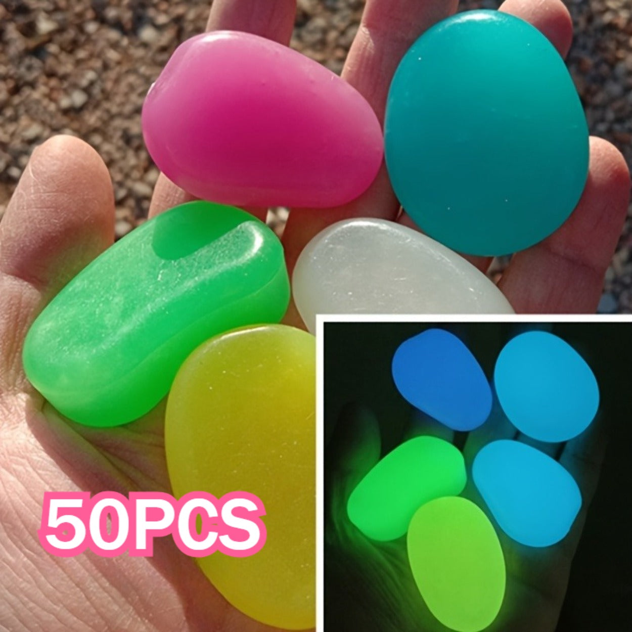 50 Extra Large Glow-in-the-Dark Pebbles - Daytime Light Absorption, Automatic Night Glow