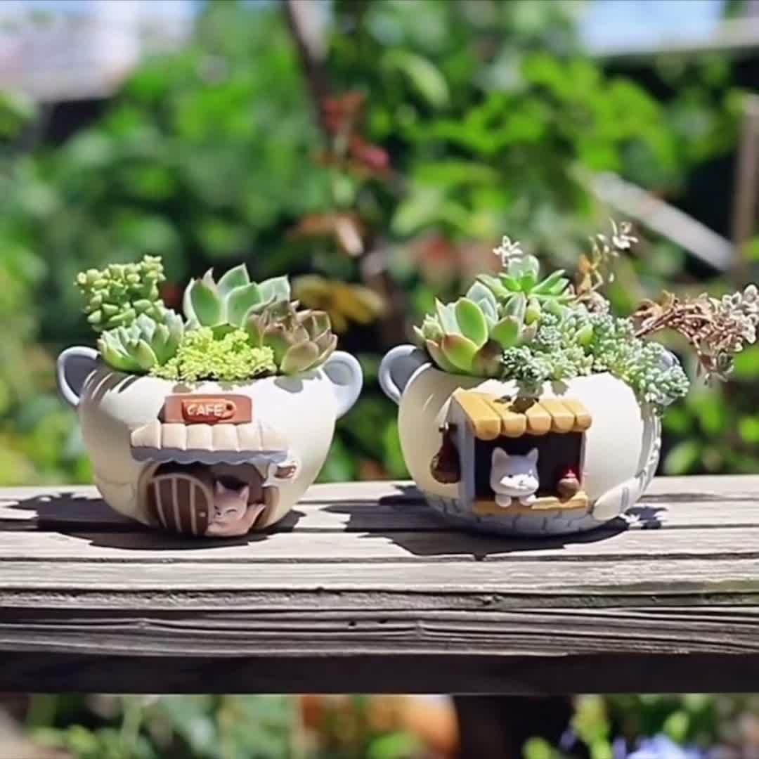 2pcs Set of Modern Cute Pet Cafe & Store Small Mini Resin Plant Pot with Drainage Holes