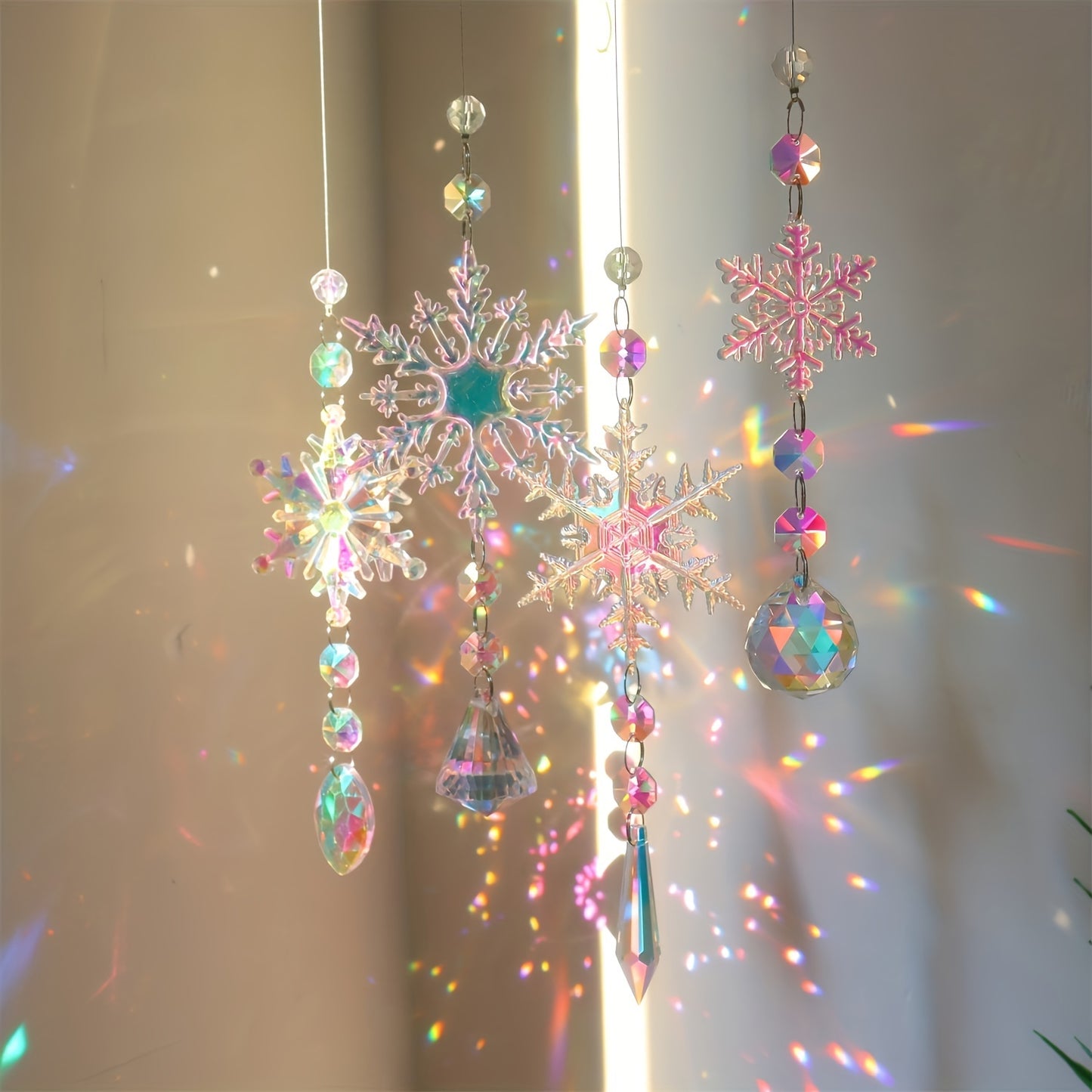 4pcs Crystal Snowflake Wind Chime Set - Glass & Plastic