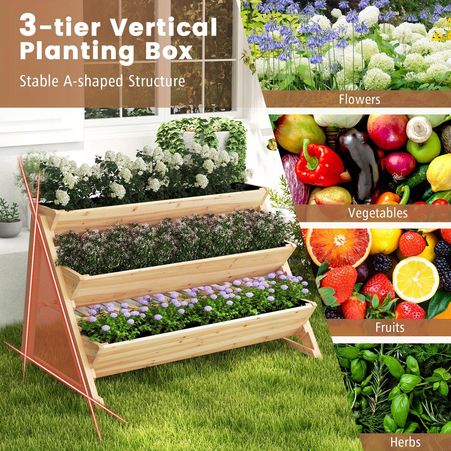 Multigot 3-tier Raised Garden Bed w\u002F2 Side Hooks Storage Shelf Garden Planter for Flowers, Garden Houses