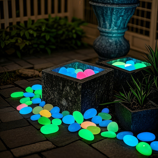 50 Extra Large Glow-in-the-Dark Pebbles - Daytime Light Absorption, Automatic Night Glow