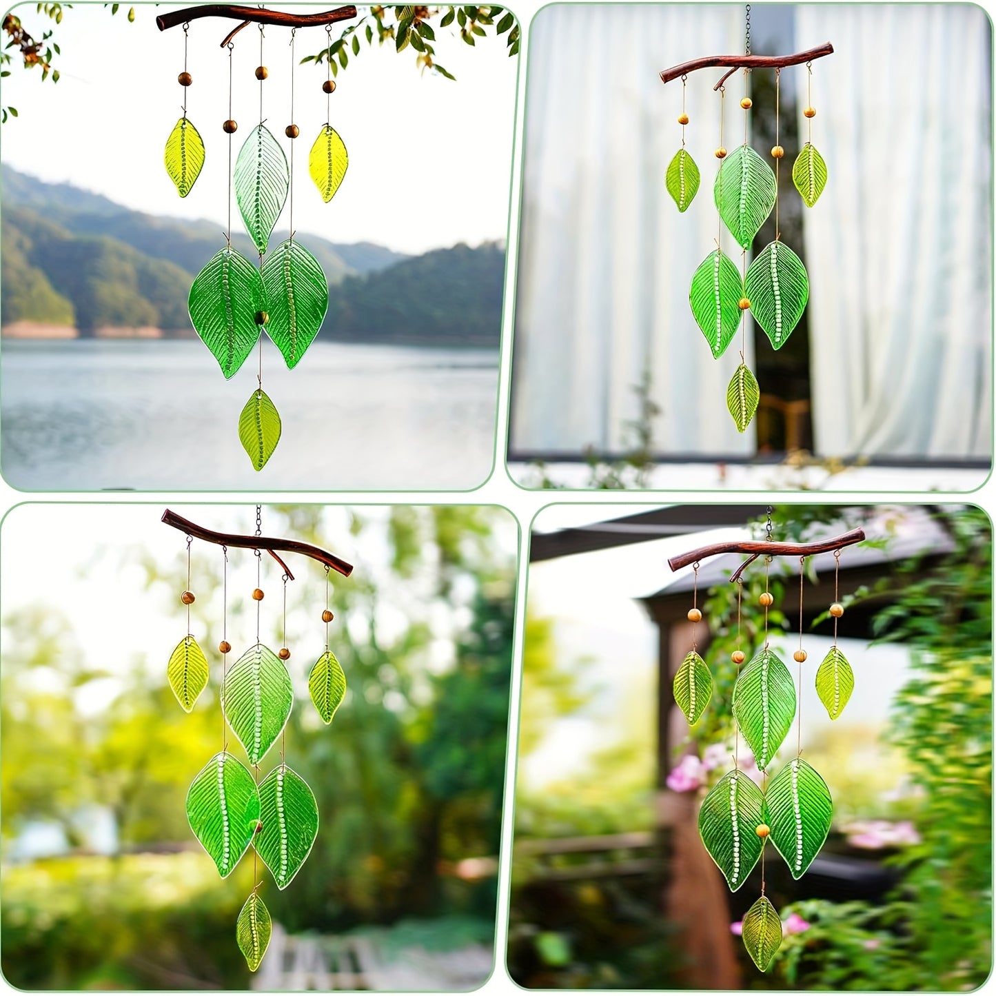 Glass Wind Chime with Green Leaf - Elegant Outdoor\u002FIndoor Hanging Decor