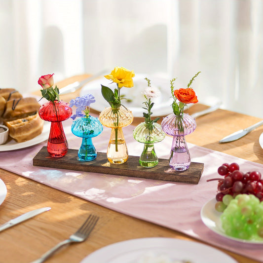 5-Pack Colorful Mushroom Vases with Wooden Tray