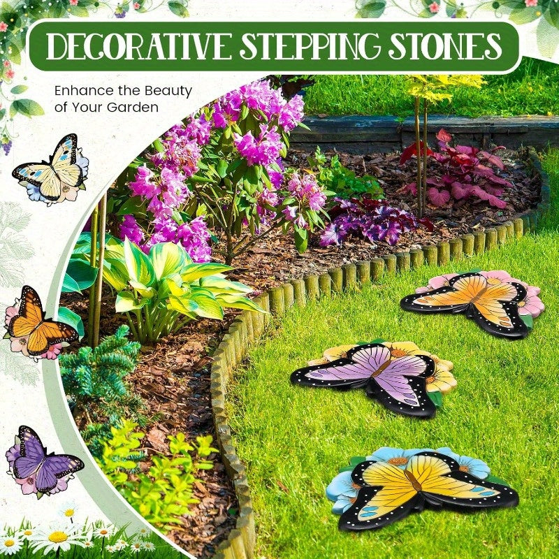 3pcs Butterfly Garden Stepping Stones - Realistic Butterfly with Floral accents