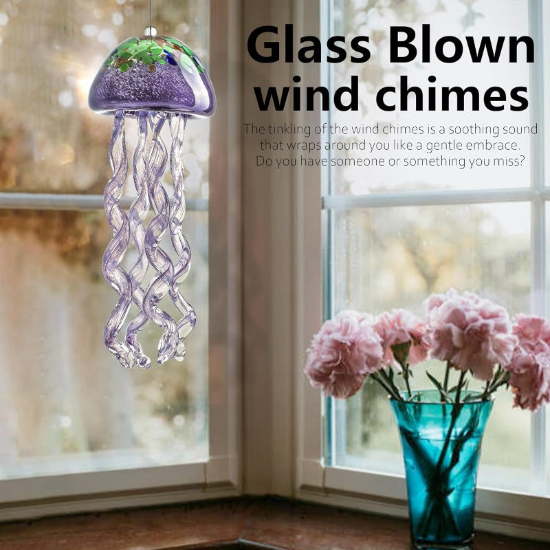 Purple Blown Glass Jellyfish Wind Chime Sea Glass Wind Chimes for Outside Jellyfish Wind Chimes Outdoor Sea Glass Decor for Patio Garden Balcony Porch 14in