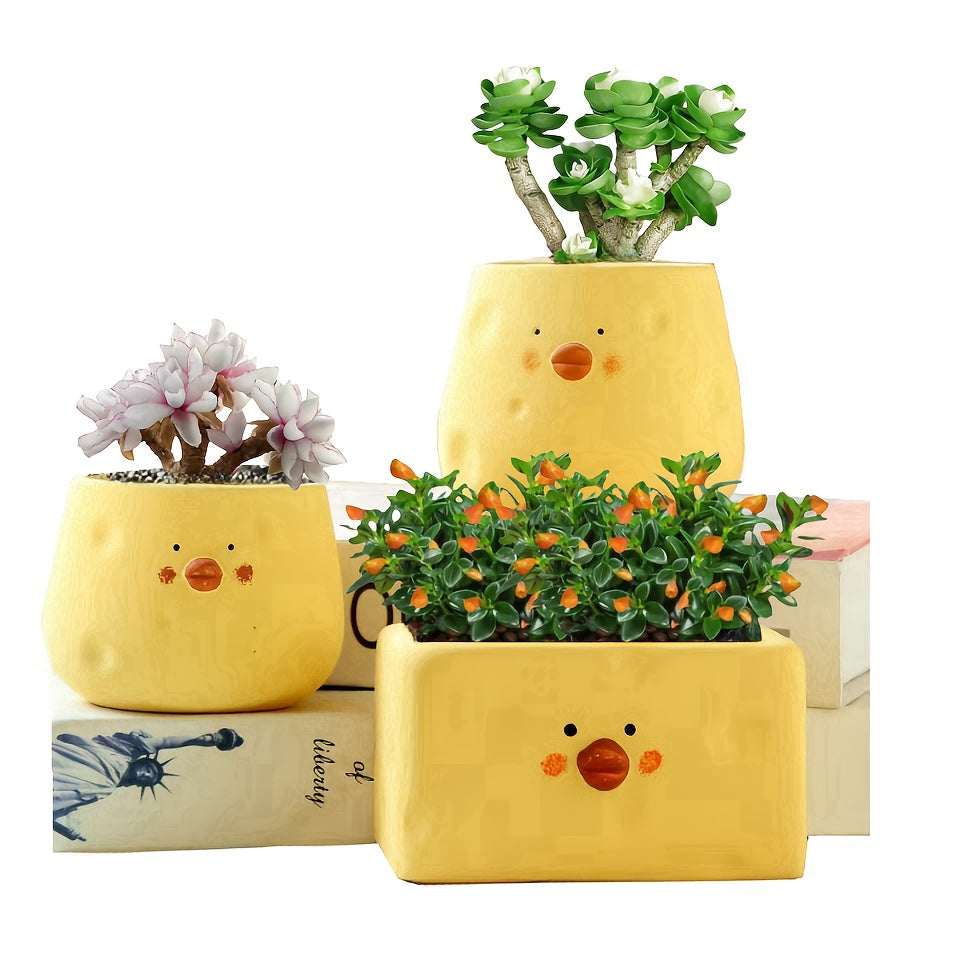3pcs, cute little yellow chicken ceramic flower pots, pastoral style, exquisite and compact