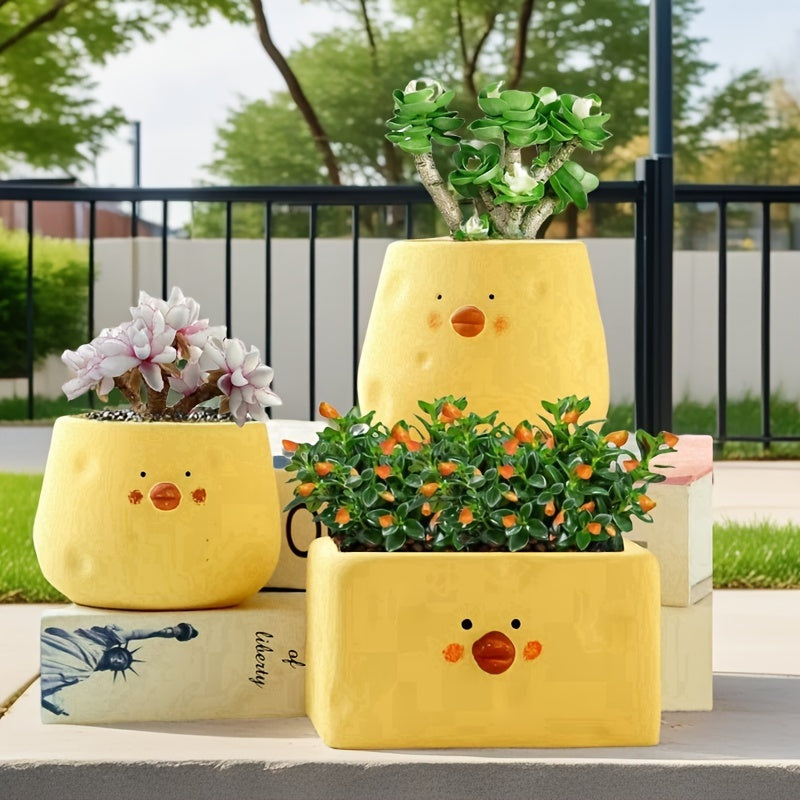 3pcs, cute little yellow chicken ceramic flower pots, pastoral style, exquisite and compact