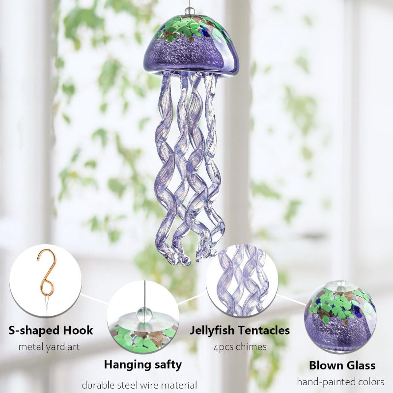 Purple Blown Glass Jellyfish Wind Chime Sea Glass Wind Chimes for Outside Jellyfish Wind Chimes Outdoor Sea Glass Decor for Patio Garden Balcony Porch 14in