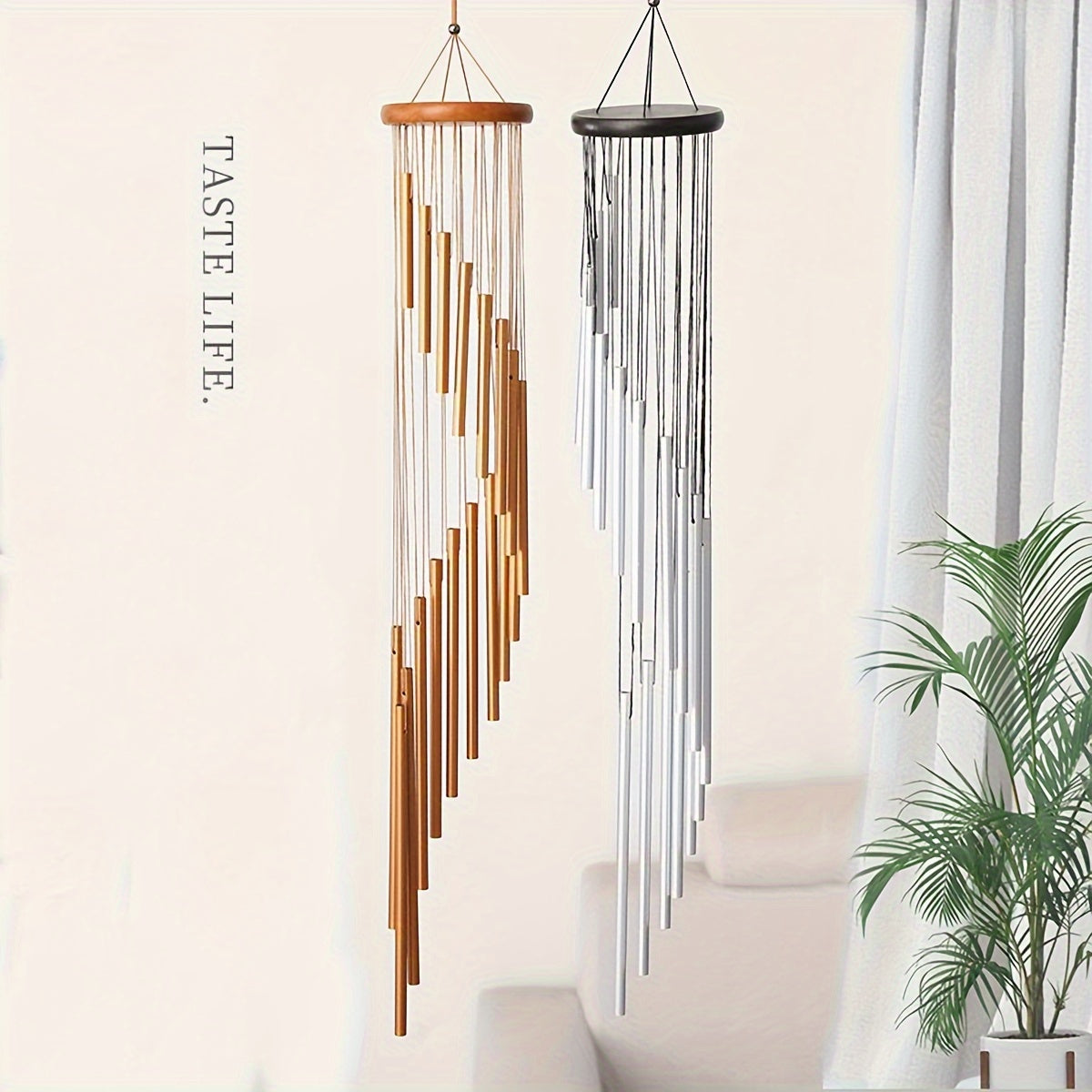 1pc New Rotating Multi-tube Metal Pine Aluminum Tube Wind Chime Hanging Decoration Creative Home Decoration Pendant 37 Inch Step by Step 18 Tubes Golden and Silvery