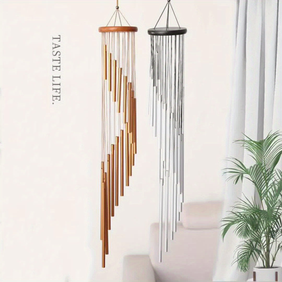 1pc New Rotating Multi-tube Metal Pine Aluminum Tube Wind Chime Hanging Decoration Creative Home Decoration Pendant 37 Inch Step by Step 18 Tubes Golden and Silvery