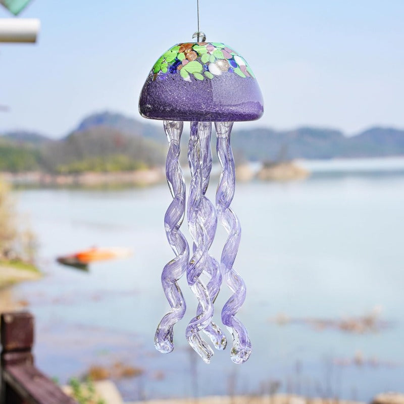 Purple Blown Glass Jellyfish Wind Chime Sea Glass Wind Chimes for Outside Jellyfish Wind Chimes Outdoor Sea Glass Decor for Patio Garden Balcony Porch 14in
