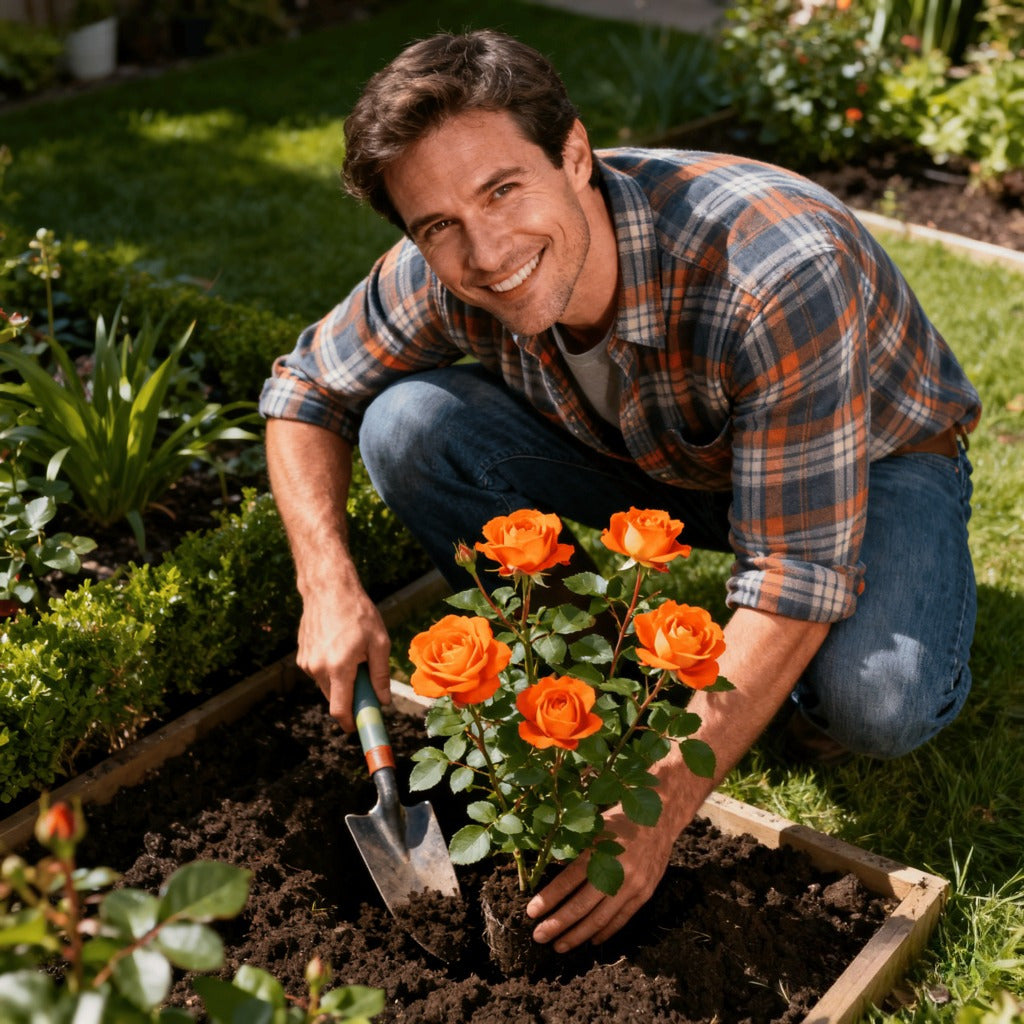 Warm, large orange rose seedlings in the family garden recommended by local flower farmers