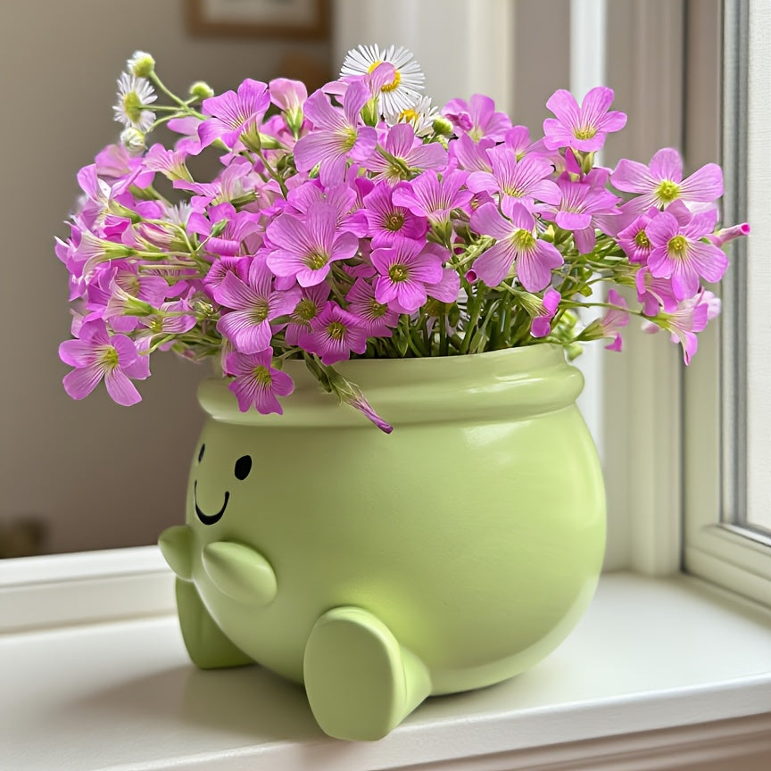 1pc New Resin Heart-Shaped Flower Vase, Fresh Green Background, Cute joyful Face Design